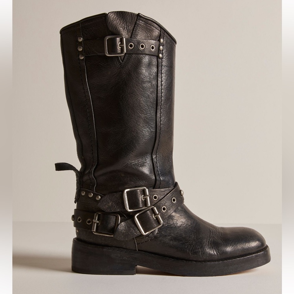 Free People Black Leather Buckle Riding Boots